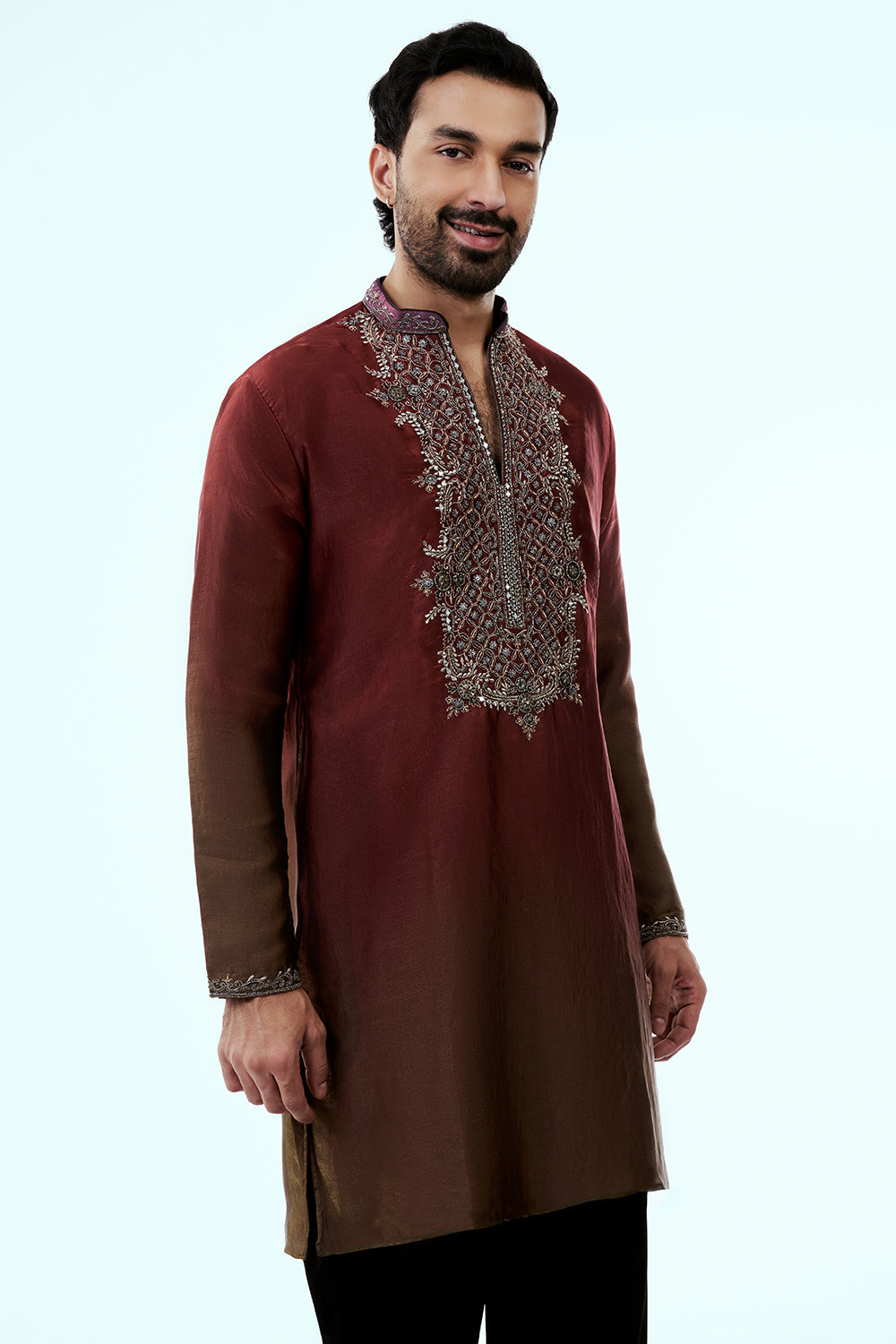 Rust Ombre Tissue Organza Mens Kurta Set with Metal and Zari Work