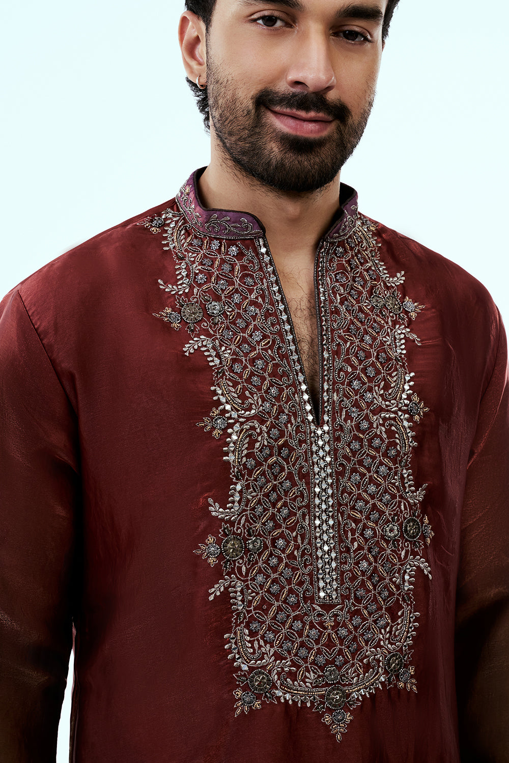 Rust Ombre Tissue Organza Mens Kurta Set with Metal and Zari Work