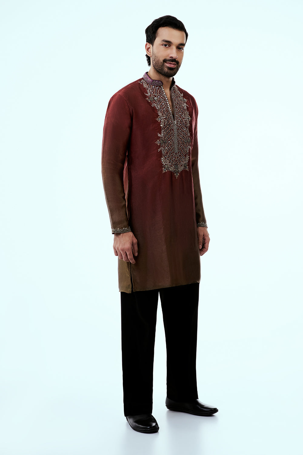 Rust Ombre Tissue Organza Mens Kurta Set with Metal and Zari Work