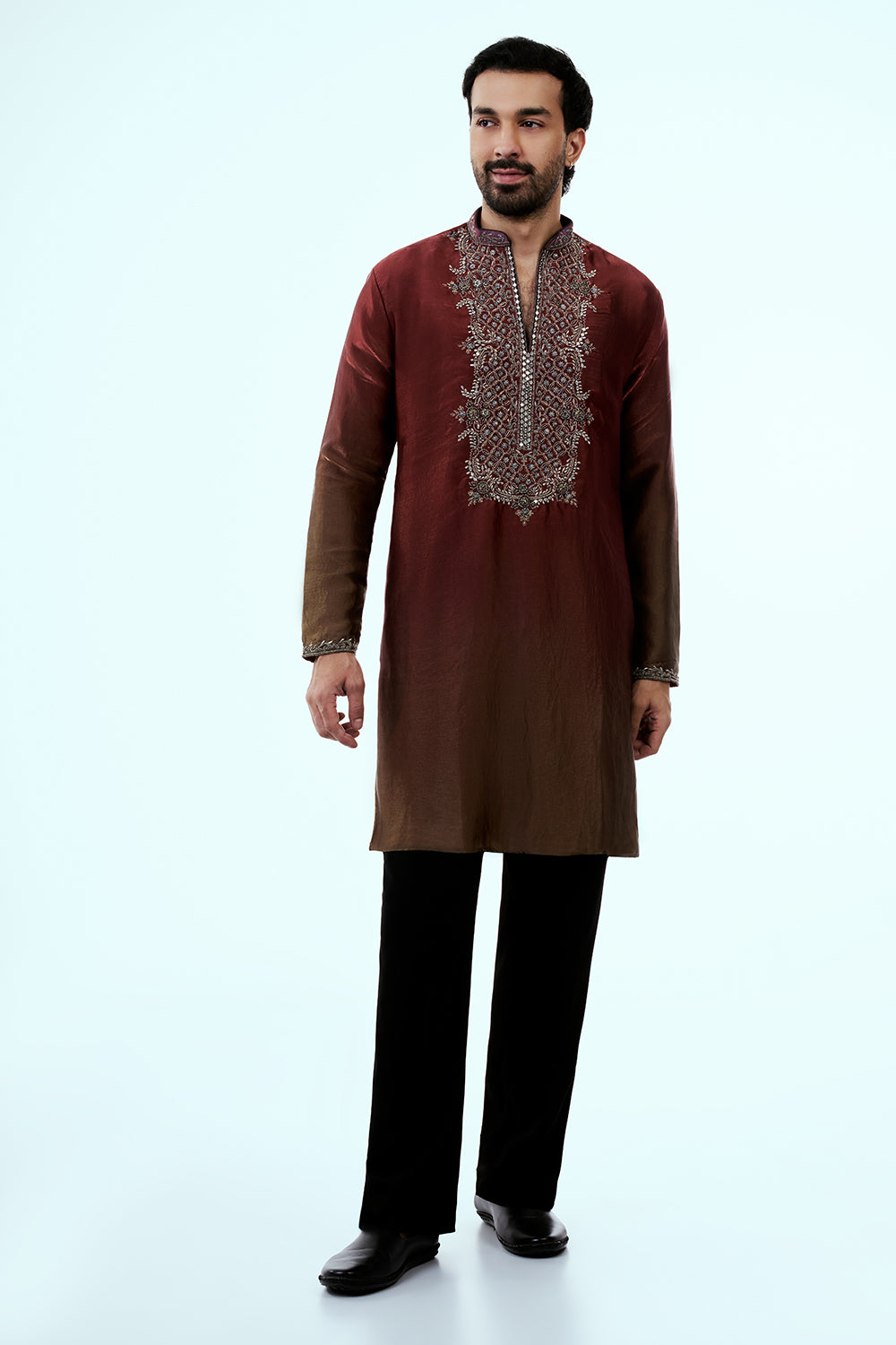 Rust Ombre Tissue Organza Mens Kurta Set with Metal and Zari Work