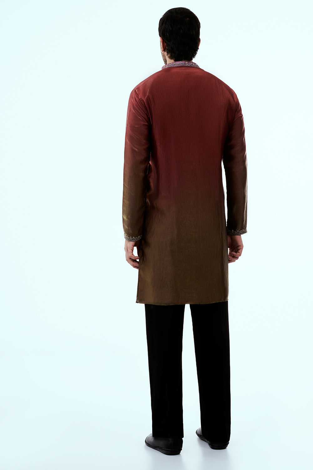 Rust Ombre Tissue Organza Mens Kurta Set with Metal and Zari Work