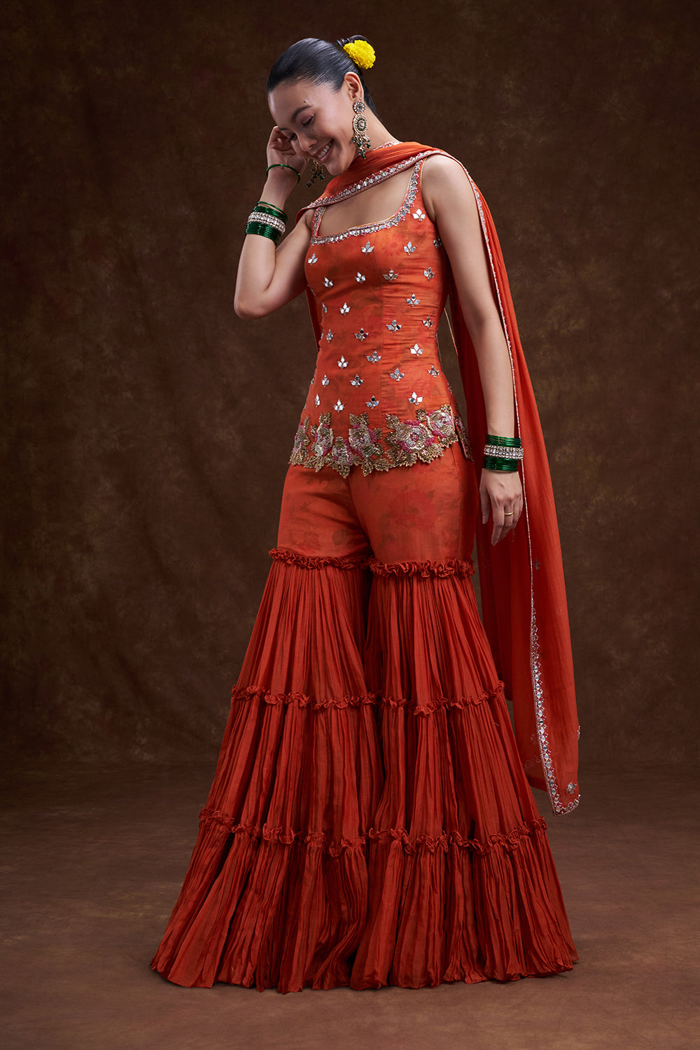 Rust Orange Cut Dana Embellished Sharara Set