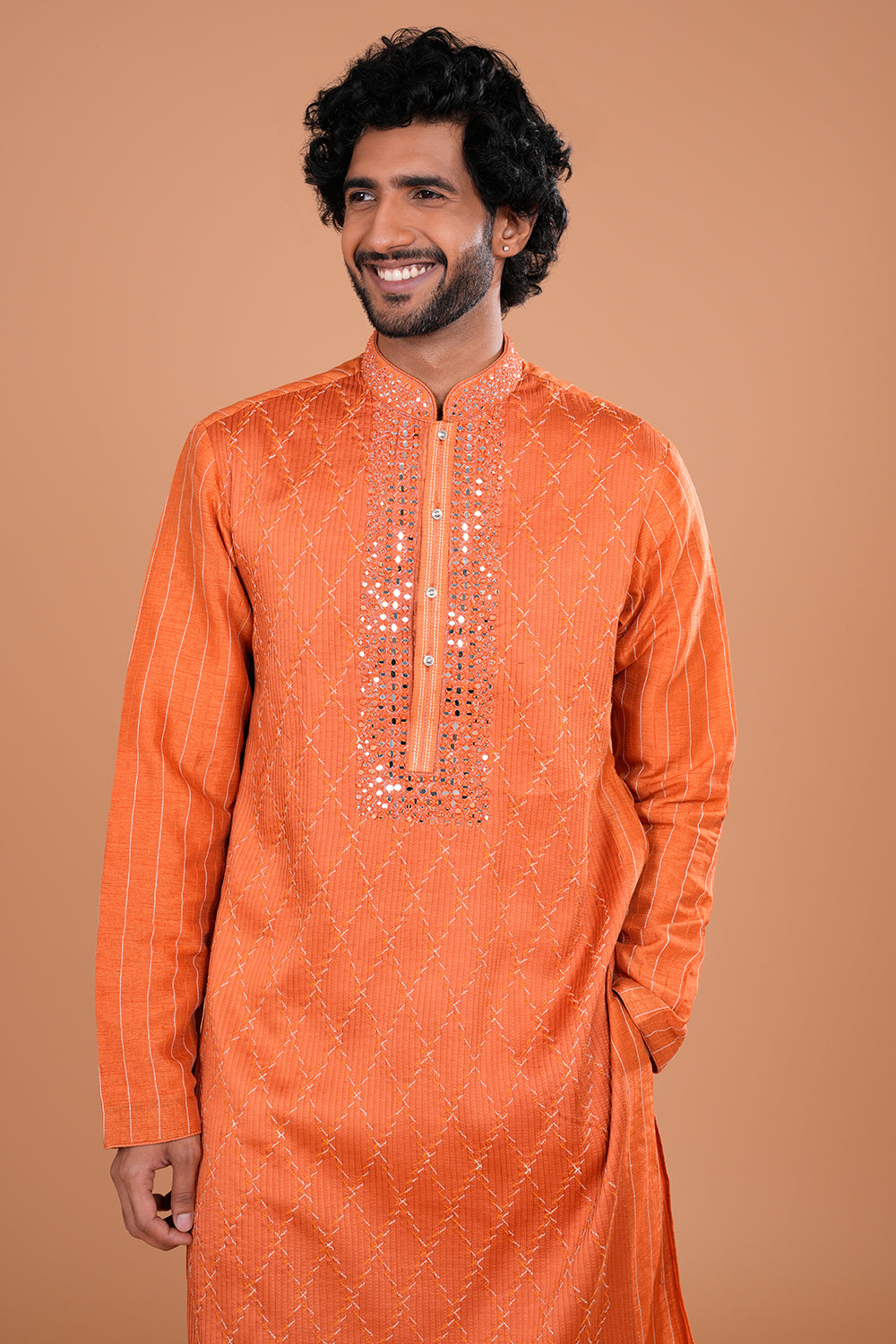 Rust Orange Mirror Work Embroidered Men's Kurta Set