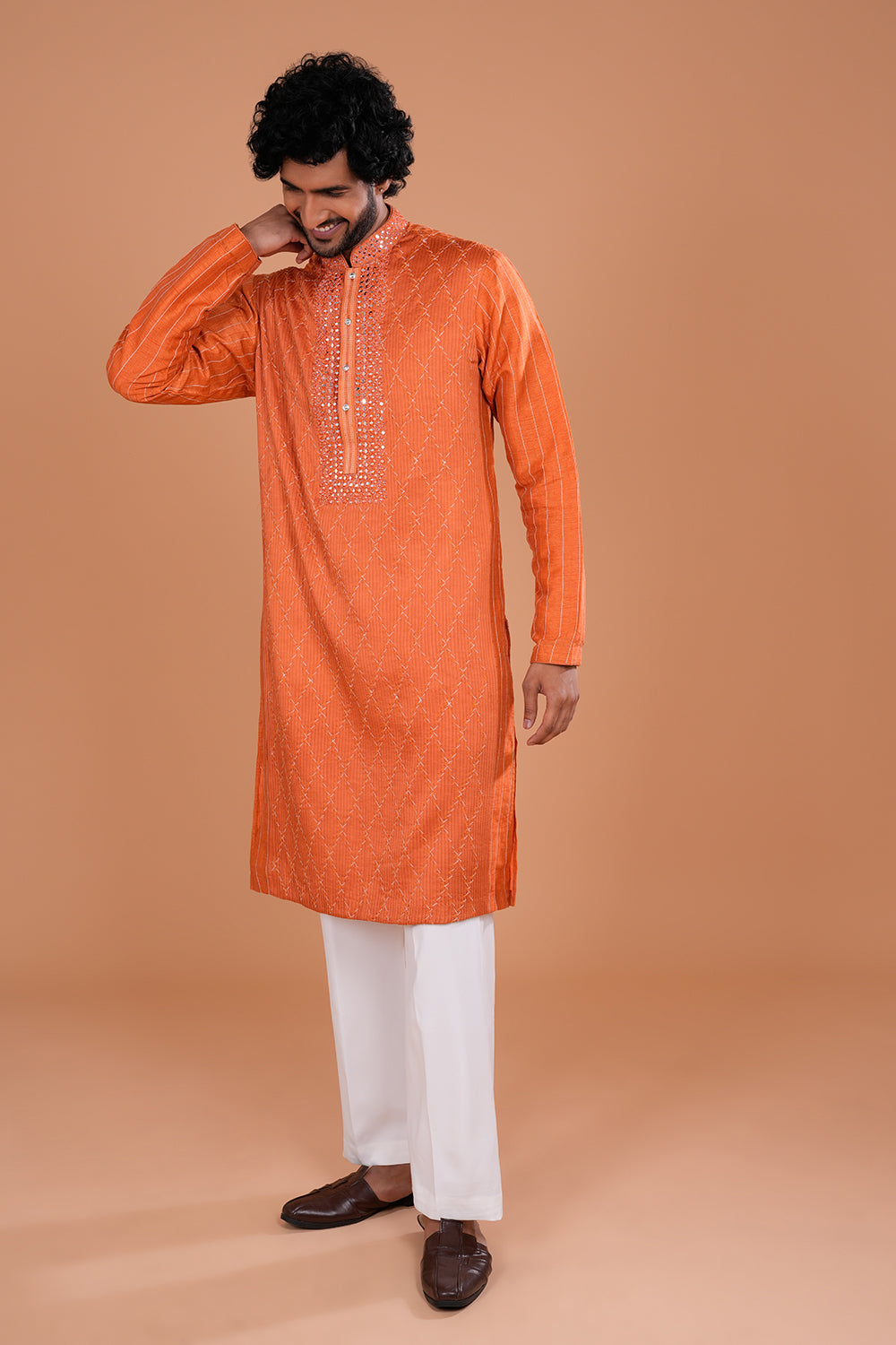 Rust Orange Mirror Work Embroidered Men's Kurta Set