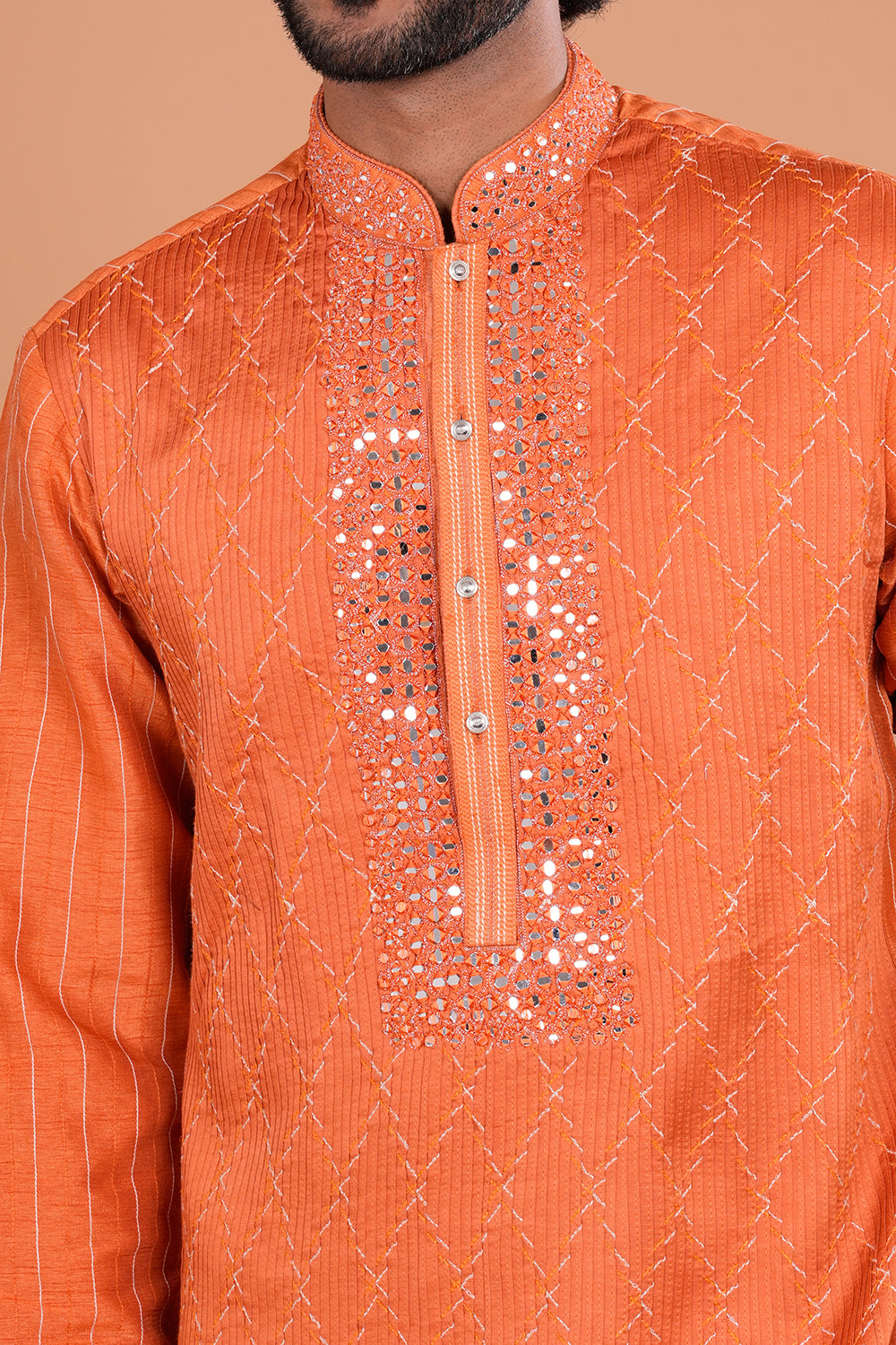 Rust Orange Mirror Work Embroidered Men's Kurta Set