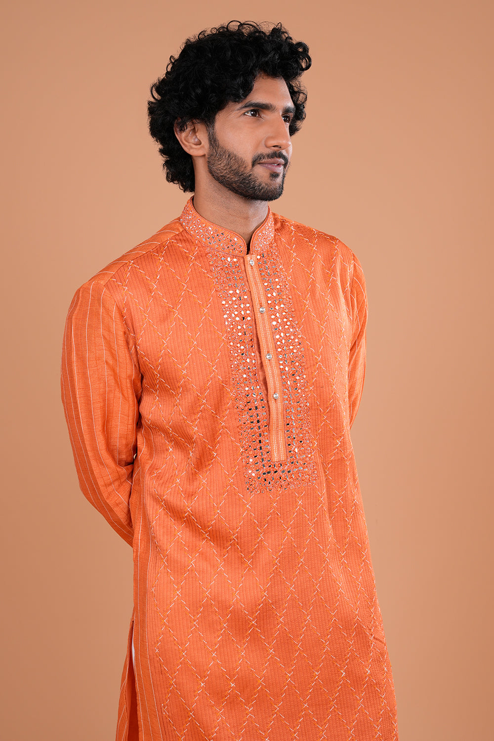 Rust Orange Mirror Work Embroidered Men's Kurta Set