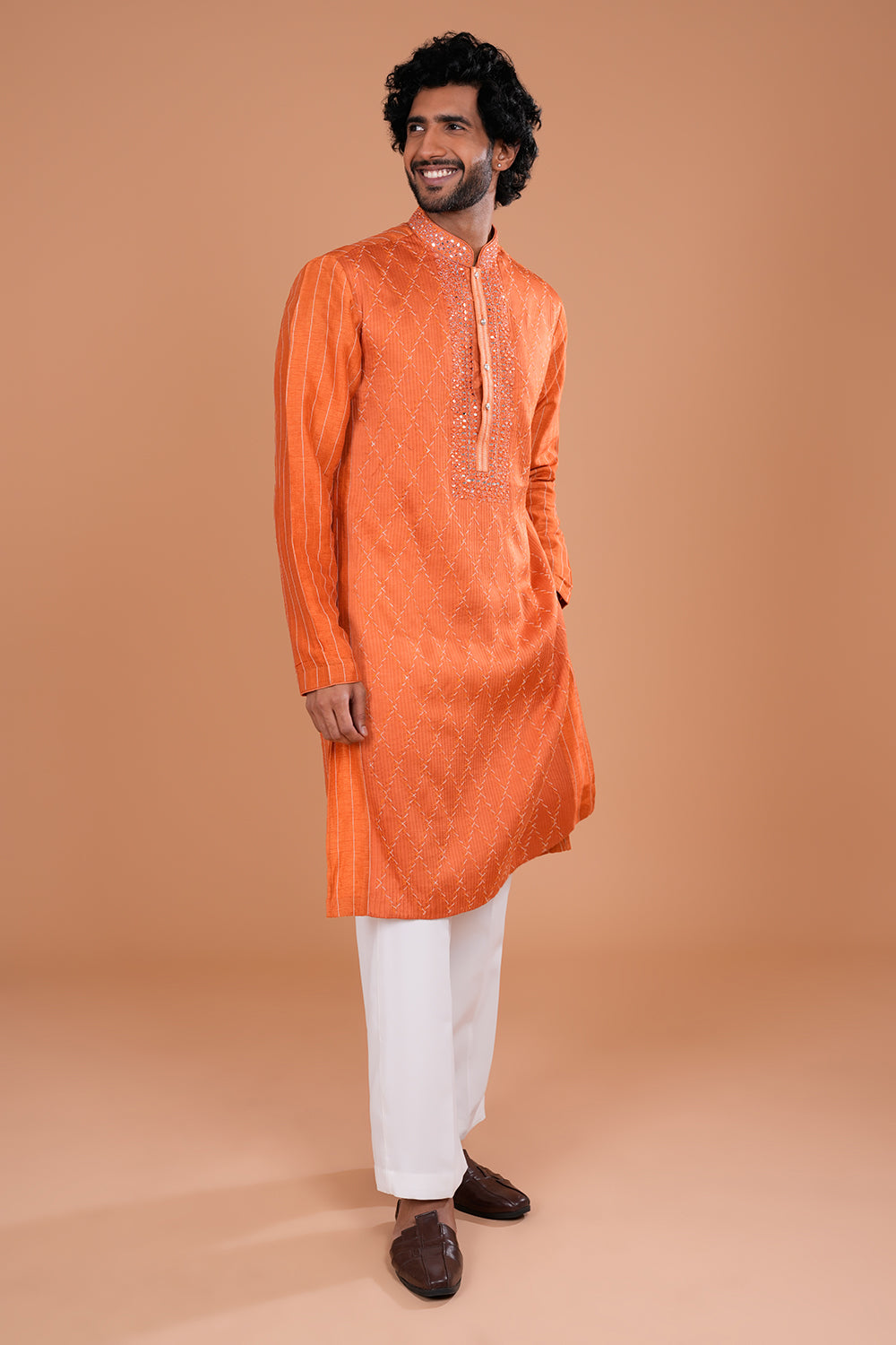 Rust Orange Mirror Work Embroidered Men's Kurta Set