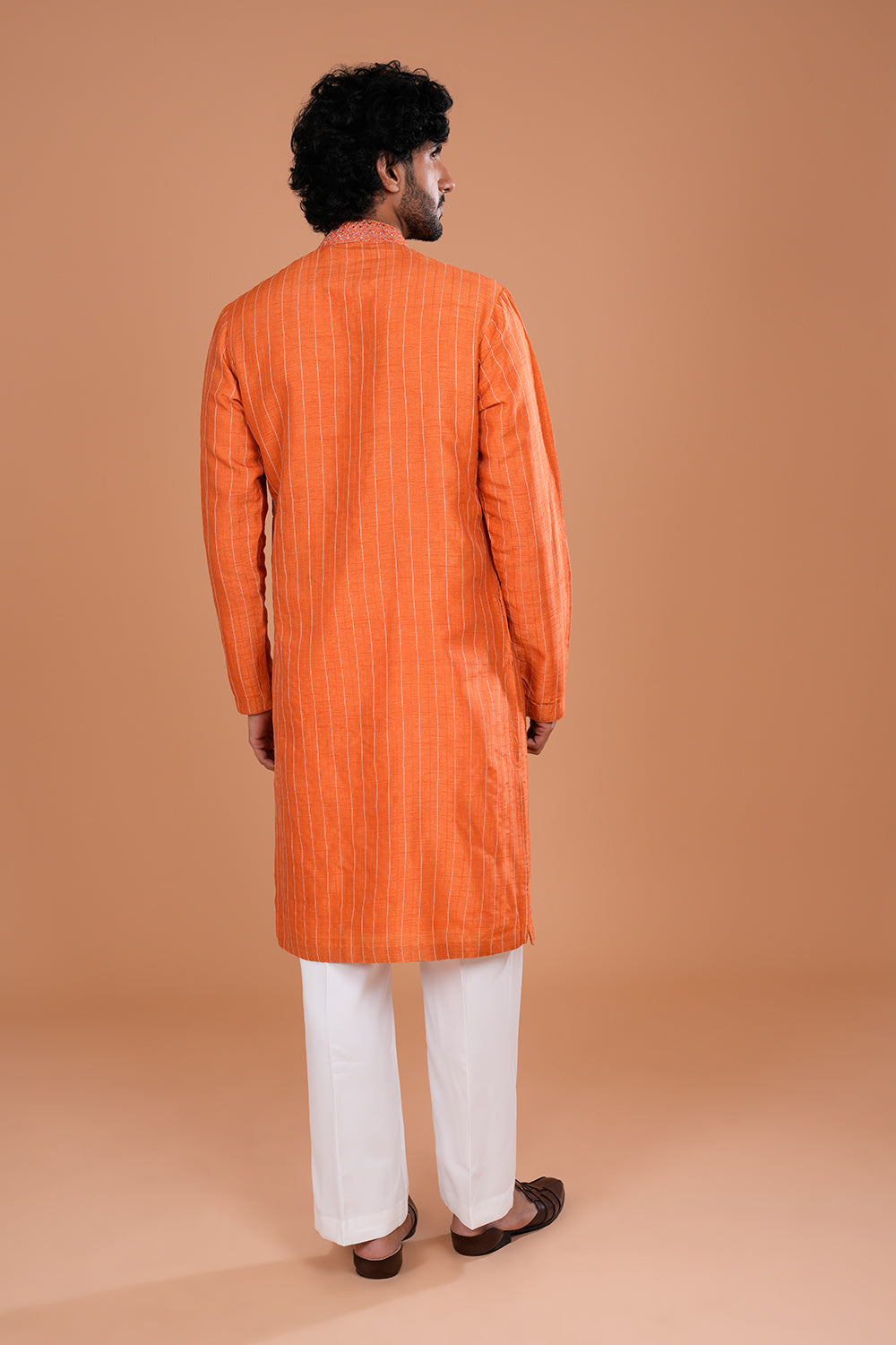 Rust Orange Mirror Work Embroidered Men's Kurta Set