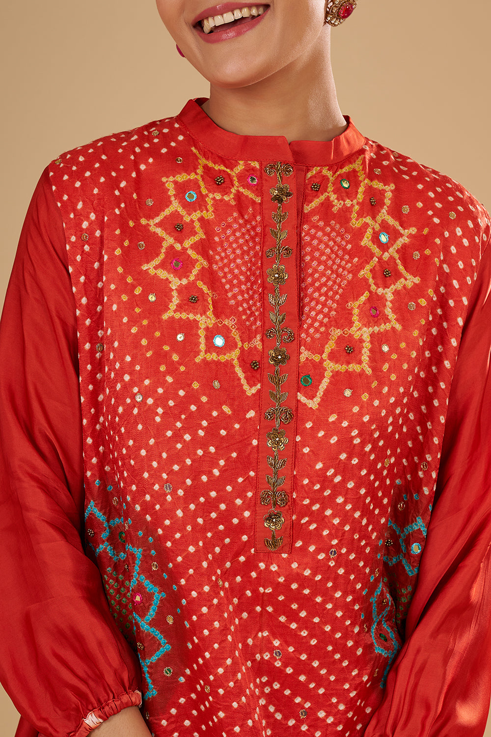 Rust Orange Modal Satin Bandhani Print Tunic Set with Mirror and Sequin Highlights
