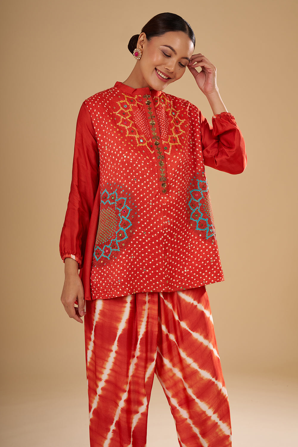 Rust Orange Modal Satin Bandhani Print Tunic Set with Mirror and Sequin Highlights