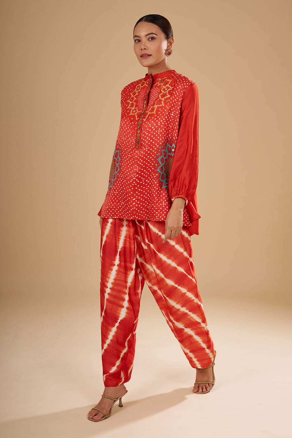 Rust Orange Modal Satin Bandhani Print Tunic Set with Mirror and Sequin Highlights