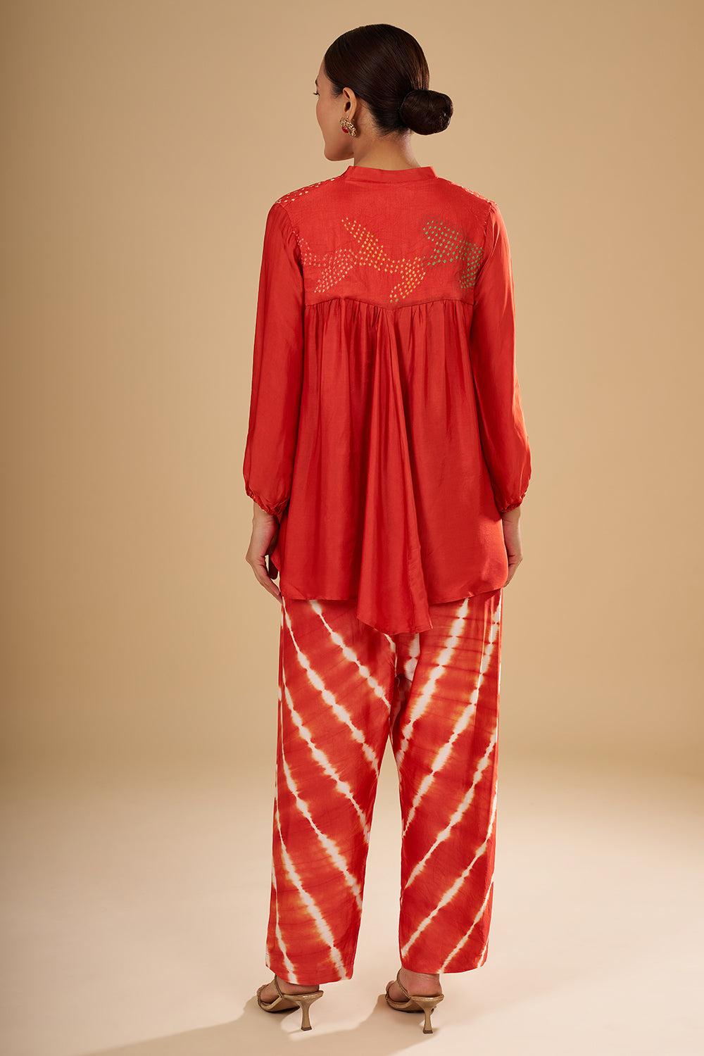 Rust Orange Modal Satin Bandhani Print Tunic Set with Mirror and Sequin Highlights