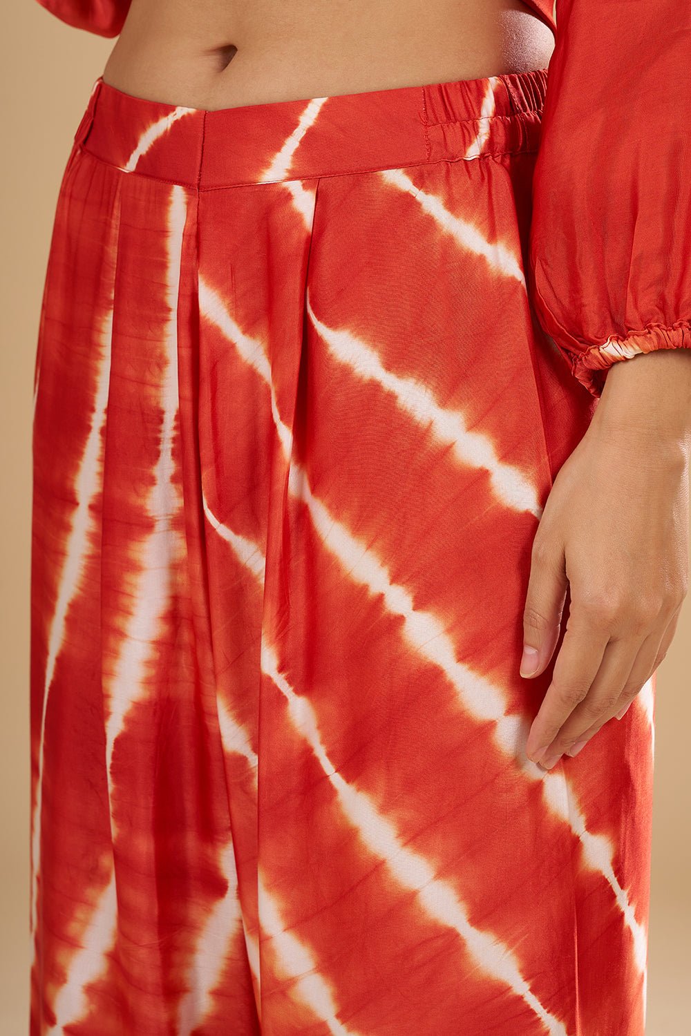 Rust Orange Modal Satin Bandhani Print Tunic Set with Mirror and Sequin Highlights