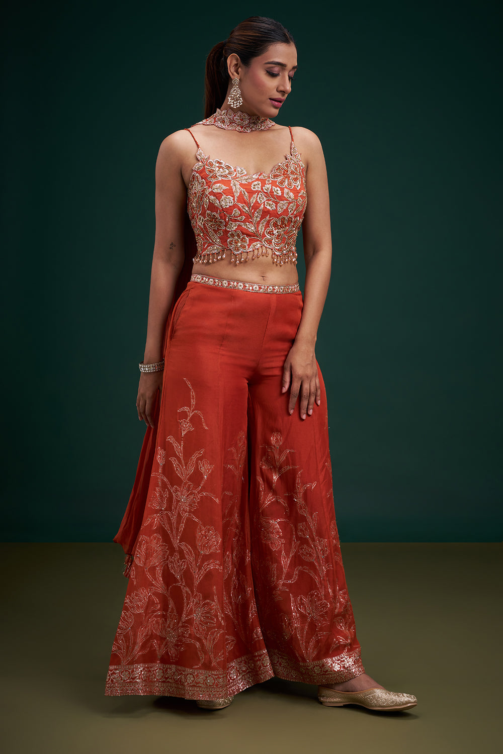 Rust Orange Organza Indo-Western Suit with Sequin Work