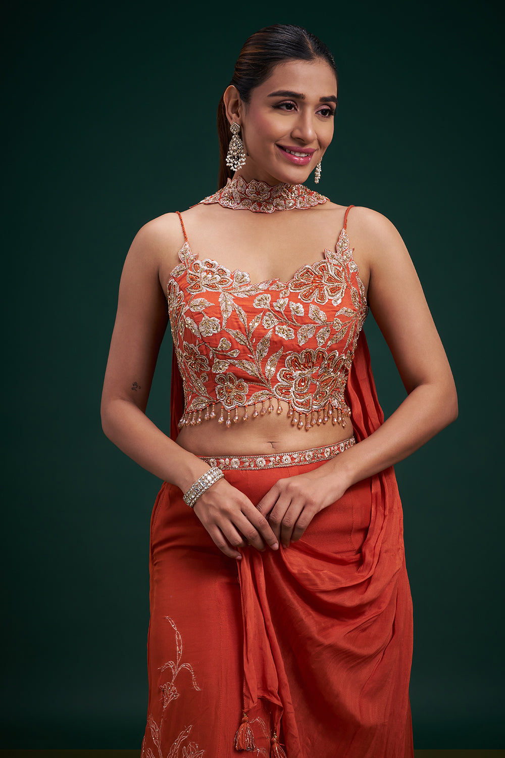 Rust Orange Organza Indo-Western Suit with Sequin Work