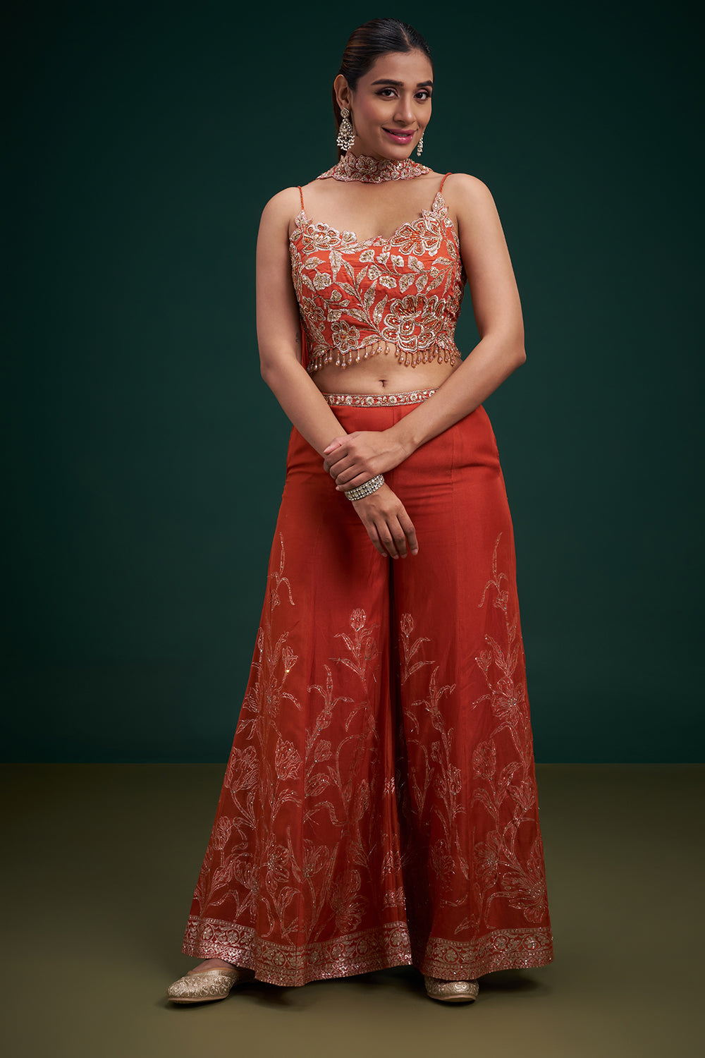 Rust Orange Organza Indo-Western Suit with Sequin Work
