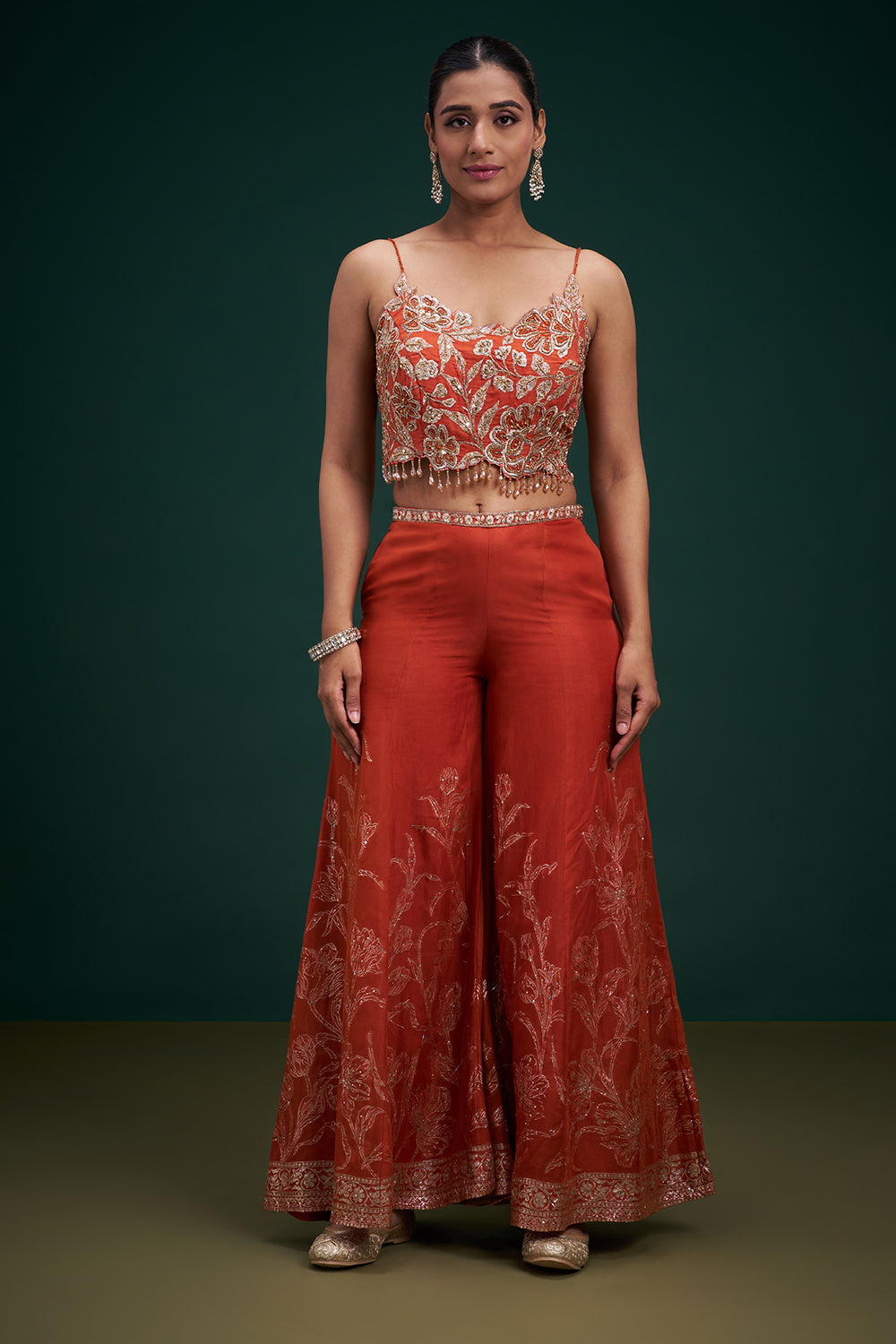 Rust Orange Organza Indo-Western Suit with Sequin Work