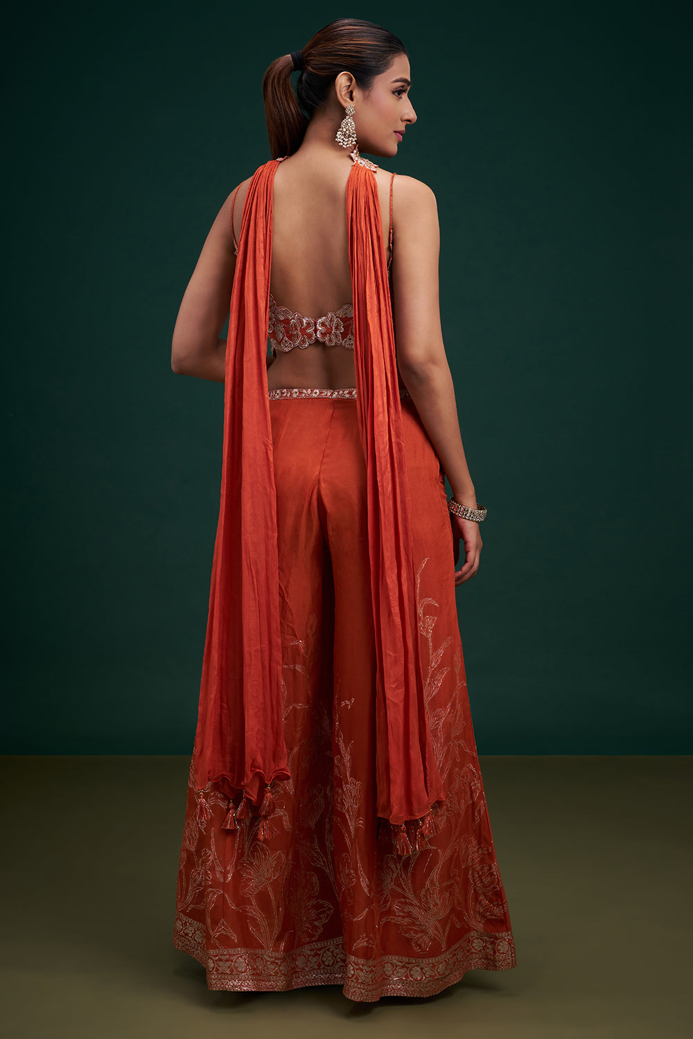 Rust Orange Organza Indo-Western Suit with Sequin Work