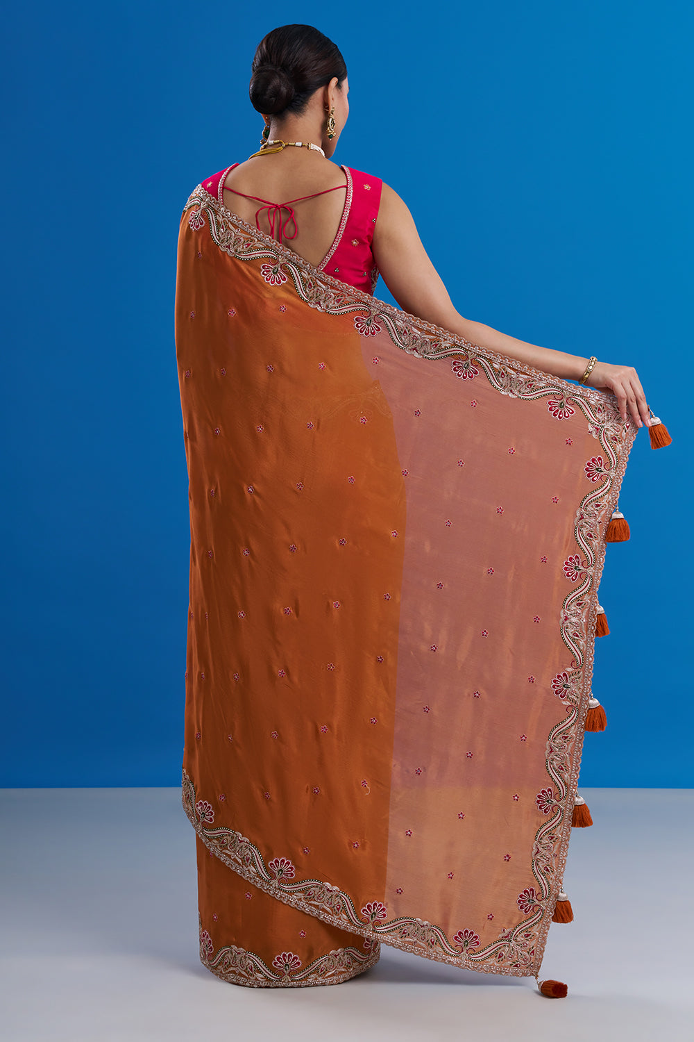 Rust Orange Pure Chiffon Saree with Gold Zari Work And Stitched Blouse