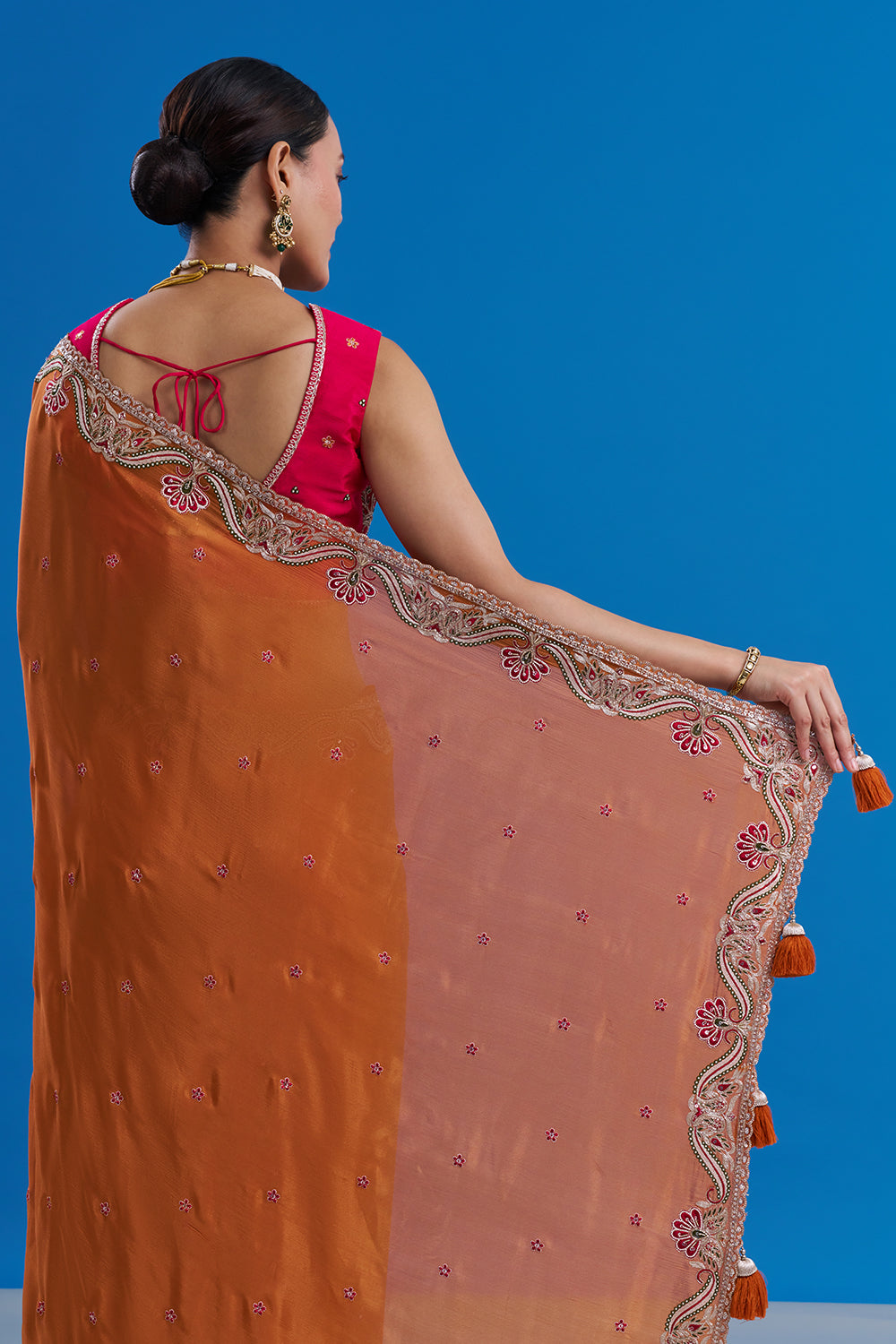 Rust Orange Pure Chiffon Saree with Gold Zari Work And Stitched Blouse