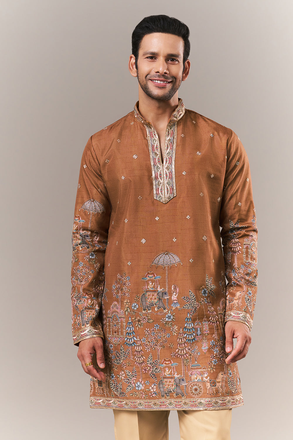 Rust Orange Raw Silk Mens Kurta Set with Resham and Sequin Work