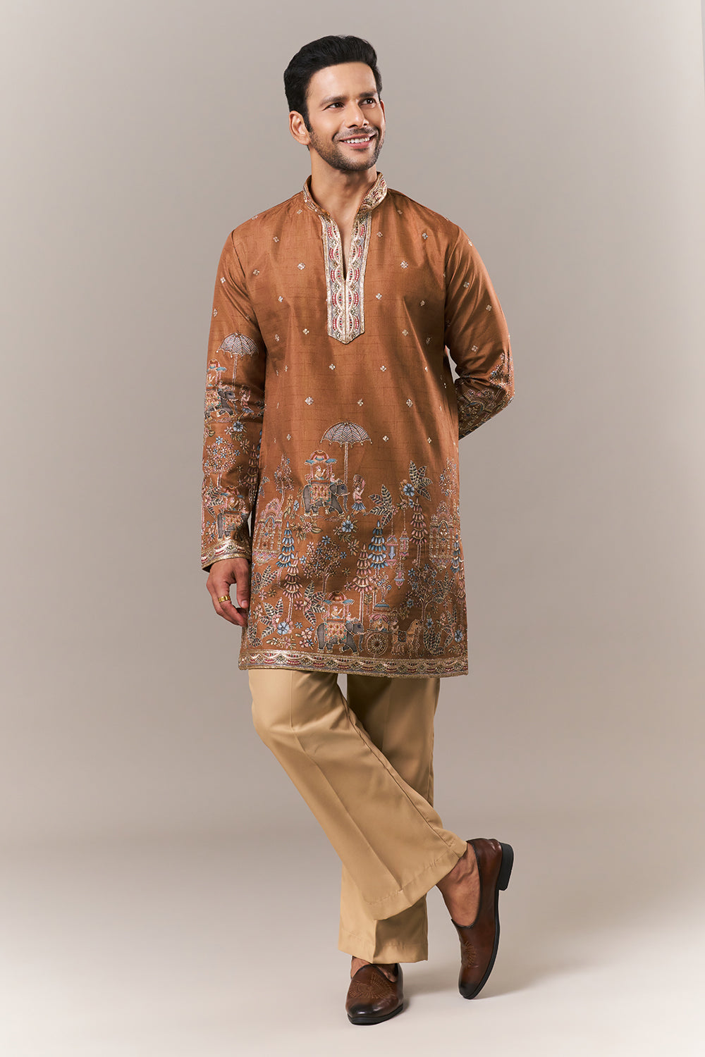 Rust Orange Raw Silk Mens Kurta Set with Resham and Sequin Work