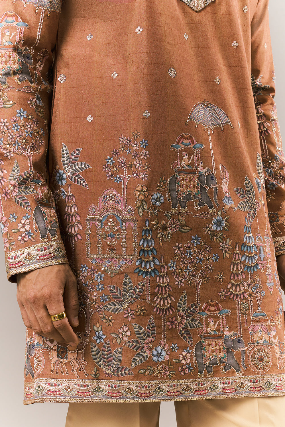 Rust Orange Raw Silk Mens Kurta Set with Resham and Sequin Work