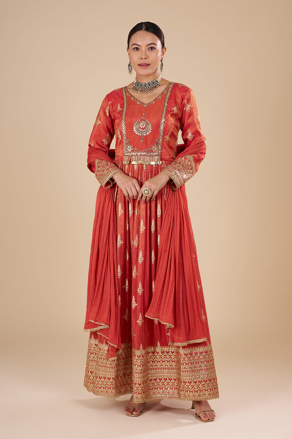 Rust Orange Silk Blend Anarkali Set