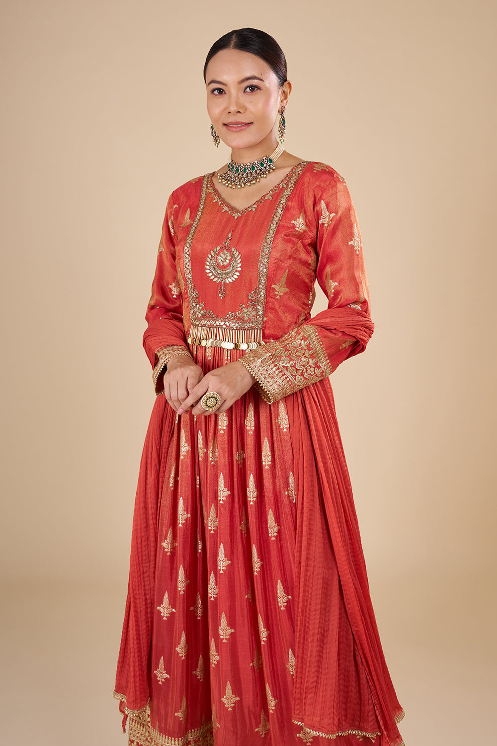 Rust Orange Silk Blend Anarkali Set