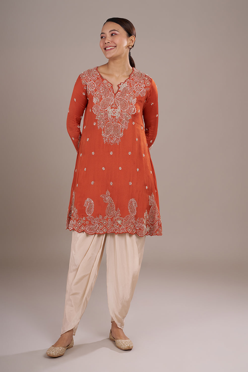 Rust Orange Silk Blend Straight Kurta Set with Sequin Embroidery