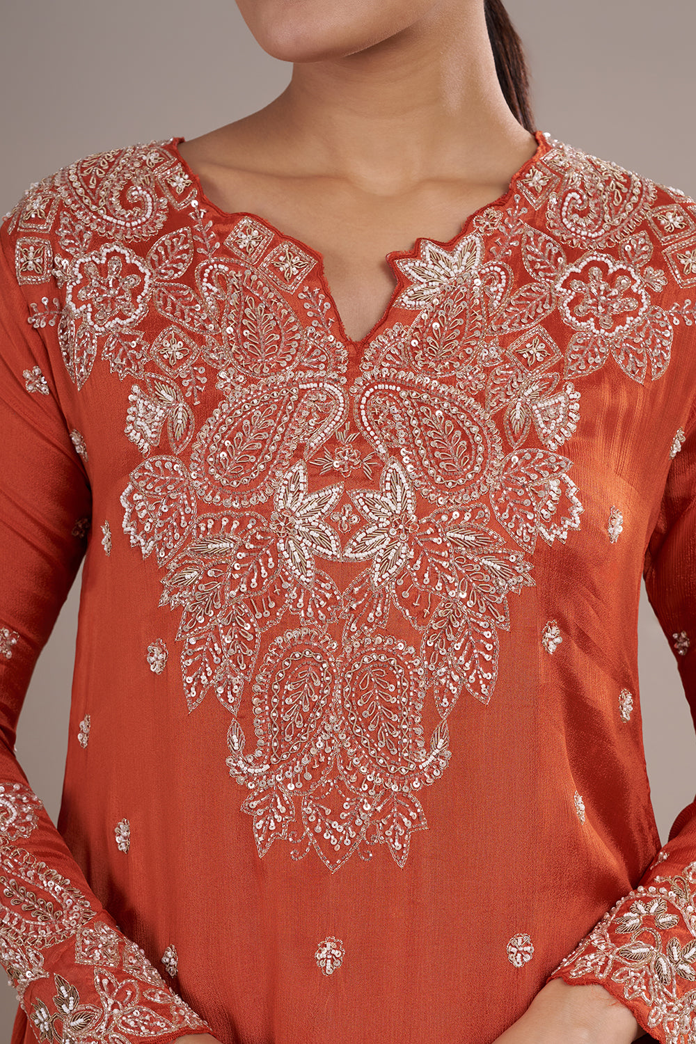 Rust Orange Silk Blend Straight Kurta Set with Sequin Embroidery