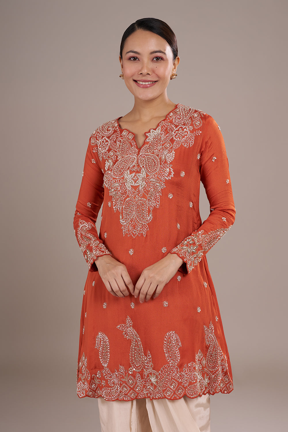 Rust Orange Silk Blend Straight Kurta Set with Sequin Embroidery