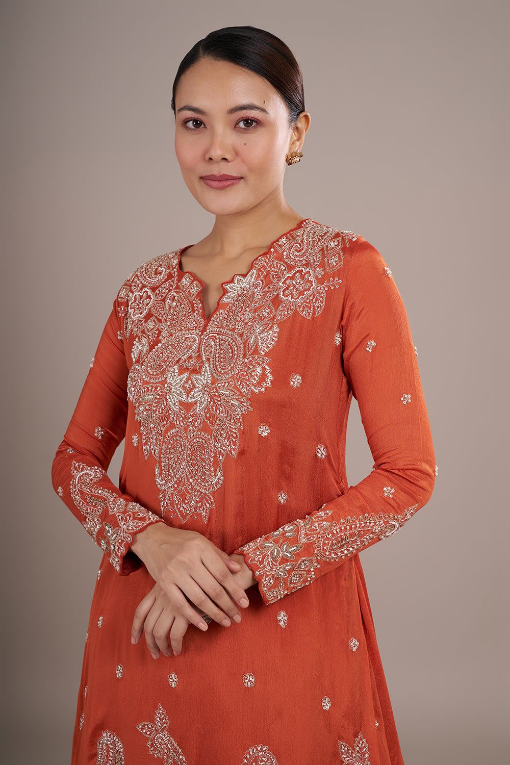 Rust Orange Silk Blend Straight Kurta Set with Sequin Embroidery