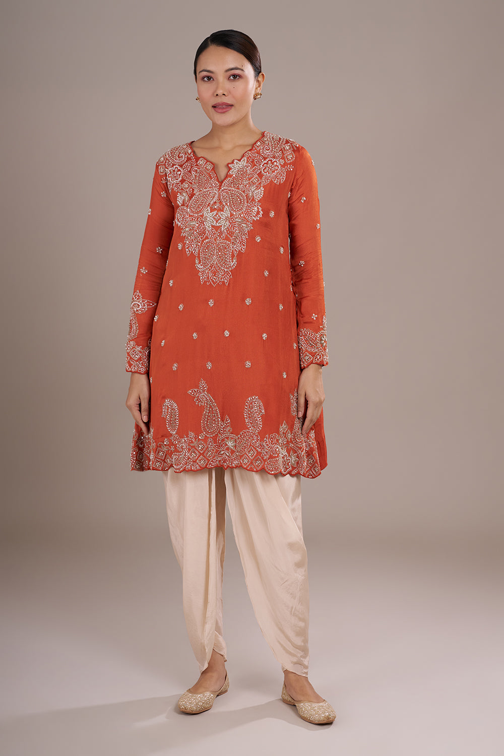 Rust Orange Silk Blend Straight Kurta Set with Sequin Embroidery