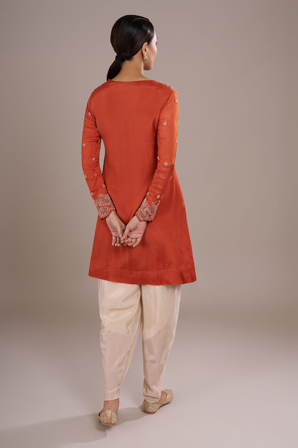 Rust Orange Silk Blend Straight Kurta Set with Sequin Embroidery