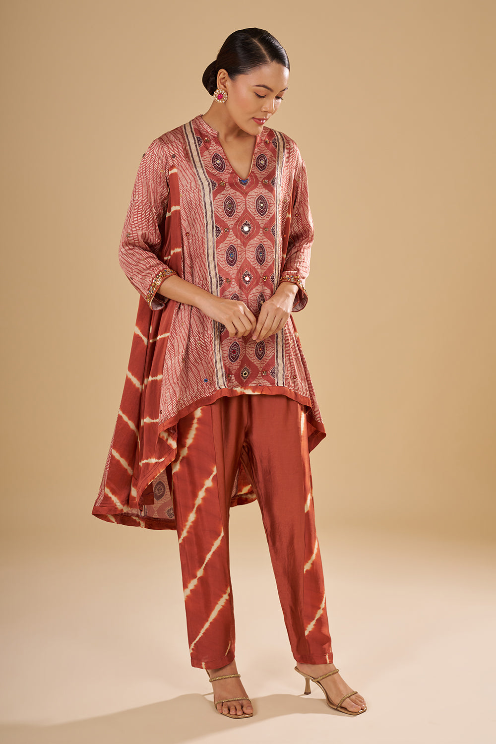 Rust Printed Asymmetric Kurta Set with Mirror and Thread Embroidery
