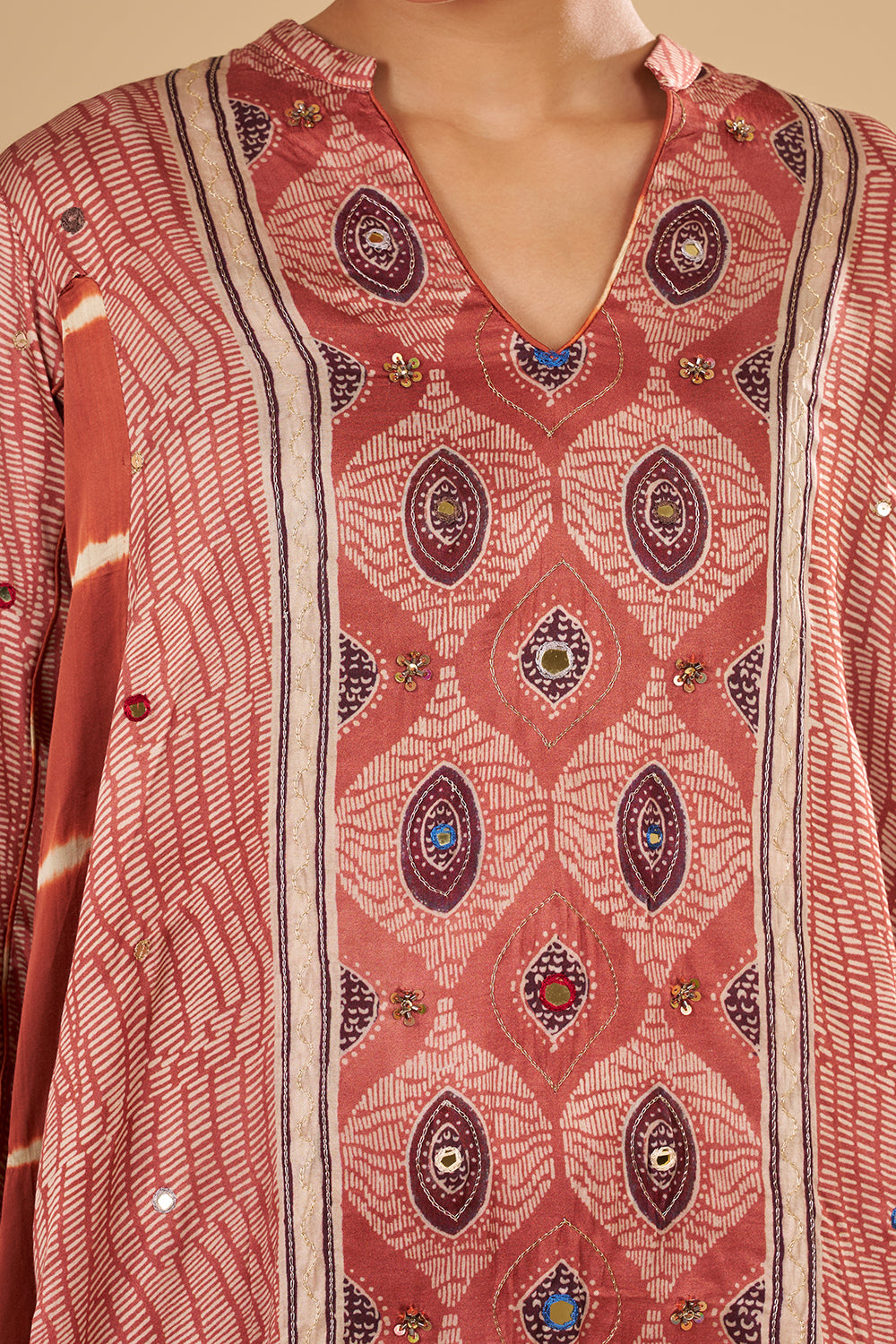 Rust Printed Asymmetric Kurta Set with Mirror and Thread Embroidery