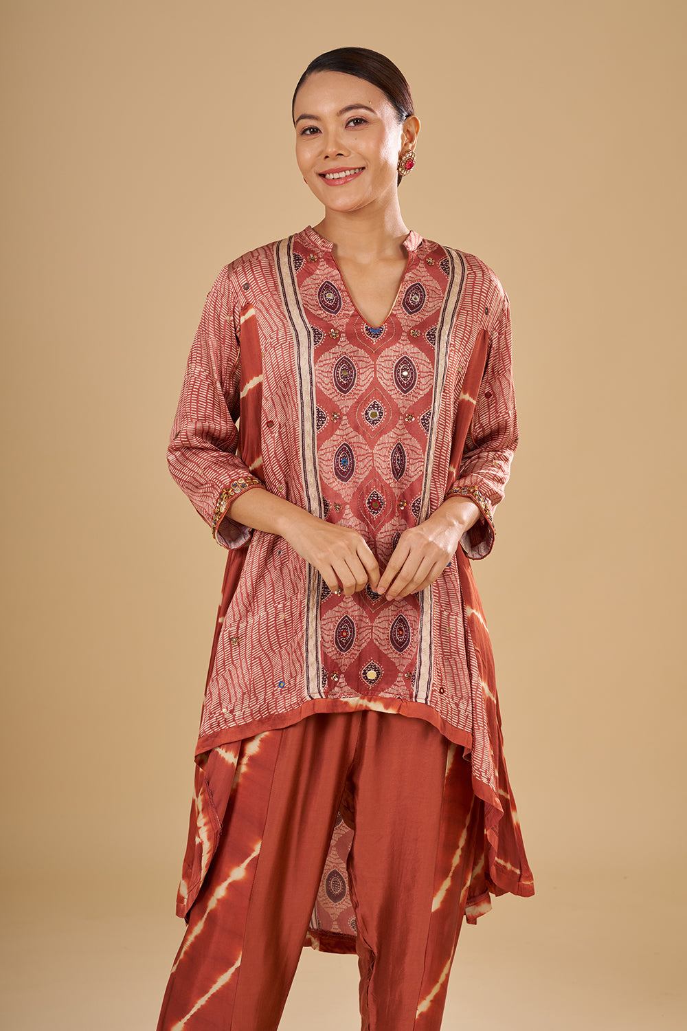 Rust Printed Asymmetric Kurta Set with Mirror and Thread Embroidery