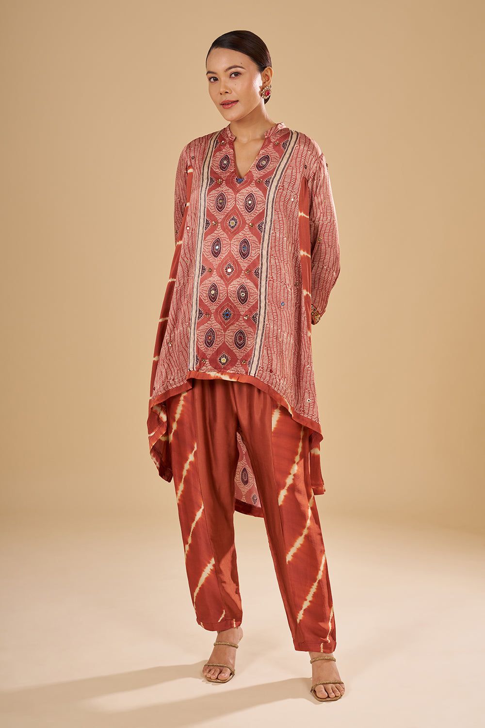 Rust Printed Asymmetric Kurta Set with Mirror and Thread Embroidery