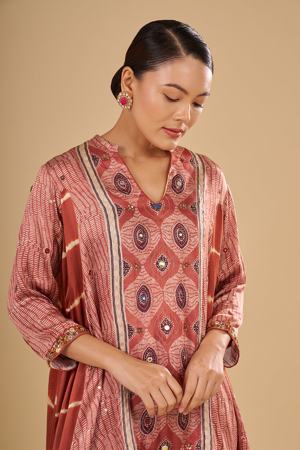 Rust Printed Asymmetric Kurta Set with Mirror and Thread Embroidery