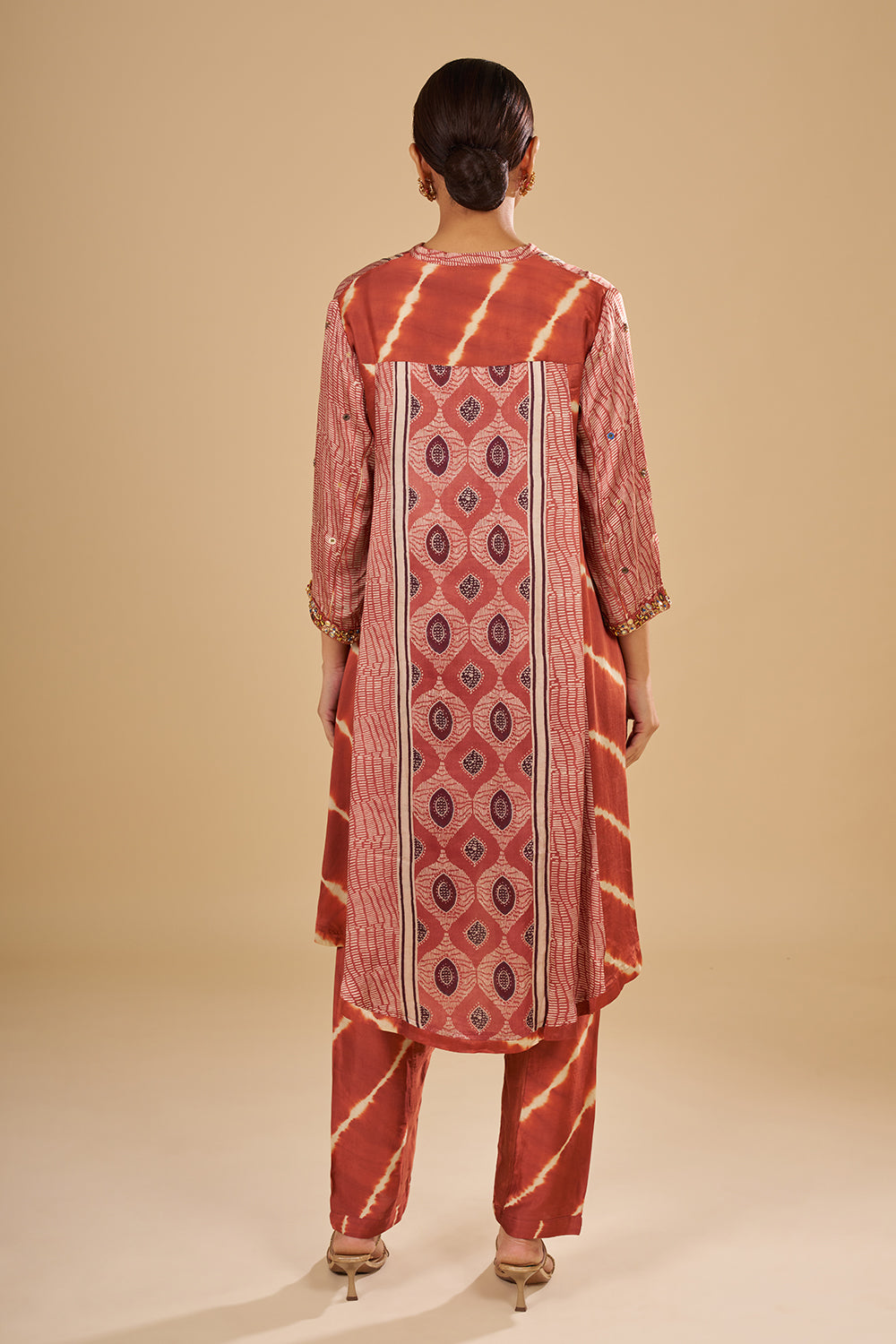 Rust Printed Asymmetric Kurta Set with Mirror and Thread Embroidery
