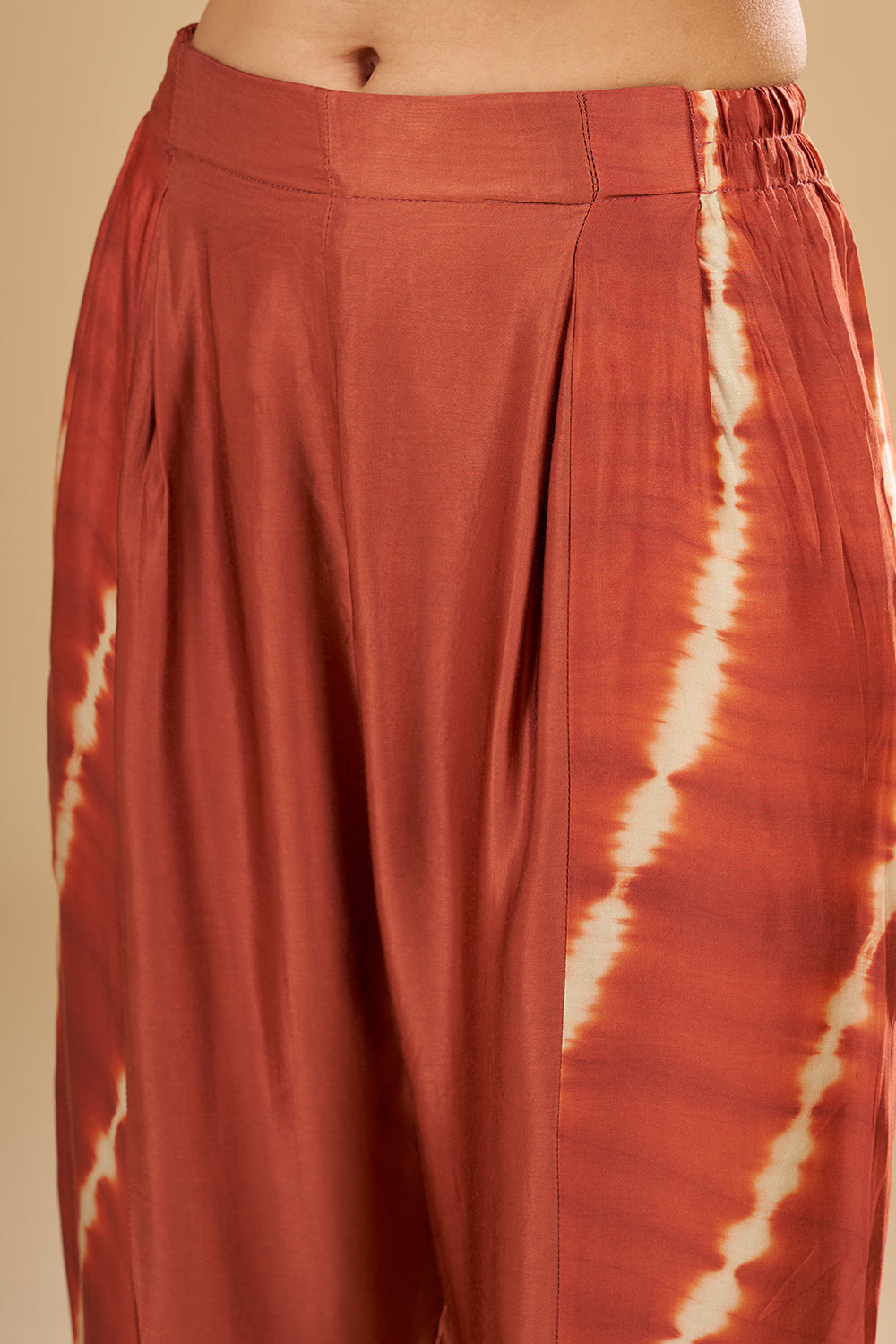 Rust Printed Asymmetric Kurta Set with Mirror and Thread Embroidery