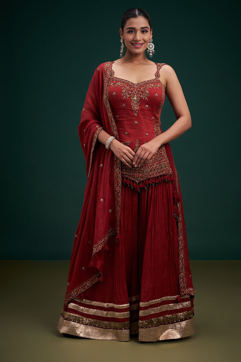 Rust Red Muslin Cotton Indo-Western Suit with Zardozi Work