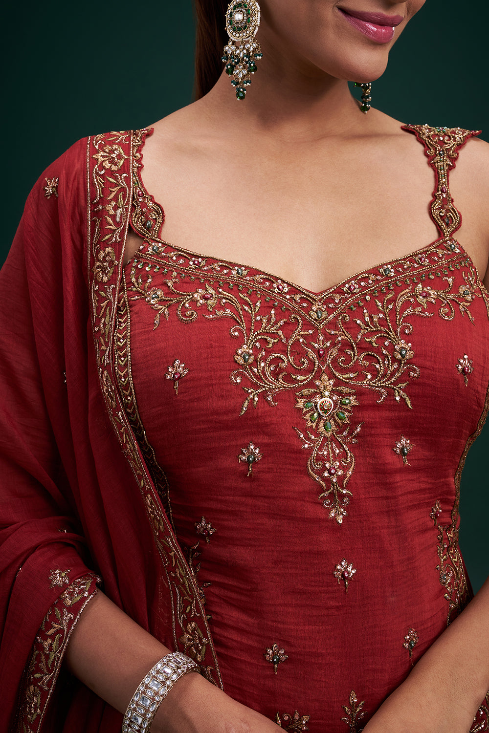 Rust Red Muslin Cotton Indo-Western Suit with Zardozi Work