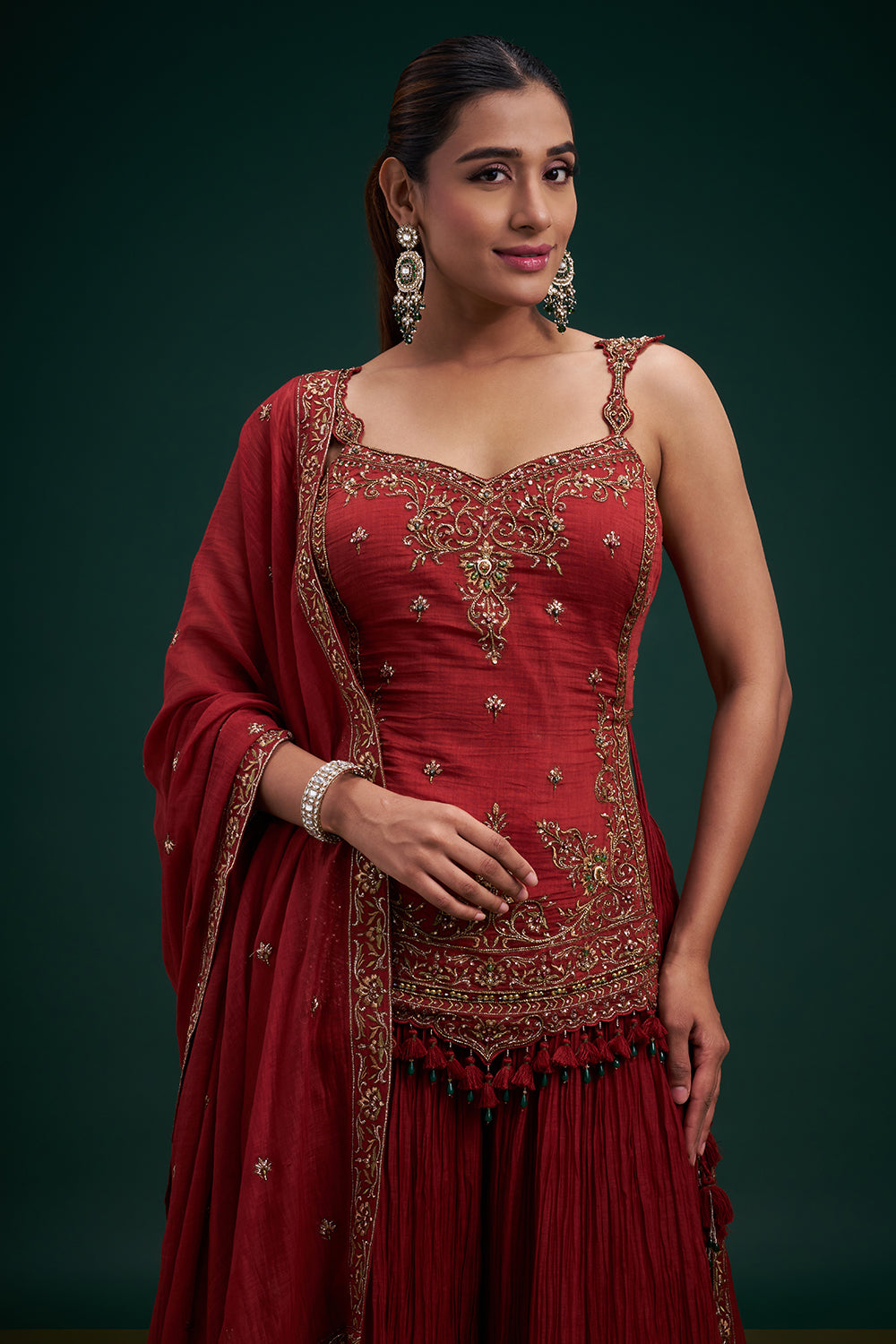 Rust Red Muslin Cotton Indo-Western Suit with Zardozi Work