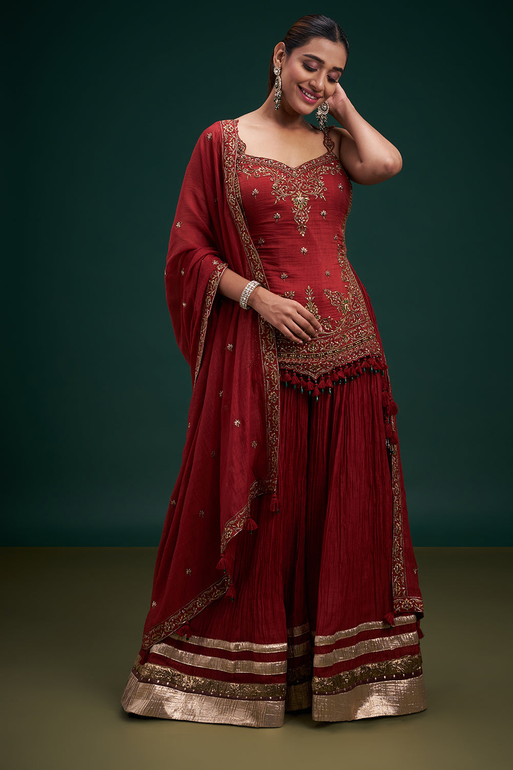 Rust Red Muslin Cotton Indo-Western Suit with Zardozi Work