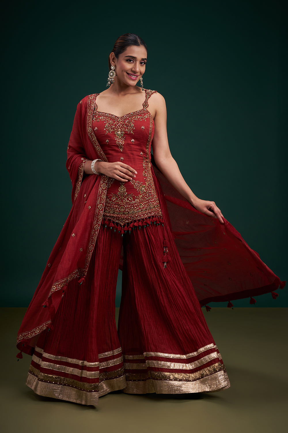 Rust Red Muslin Cotton Indo-Western Suit with Zardozi Work