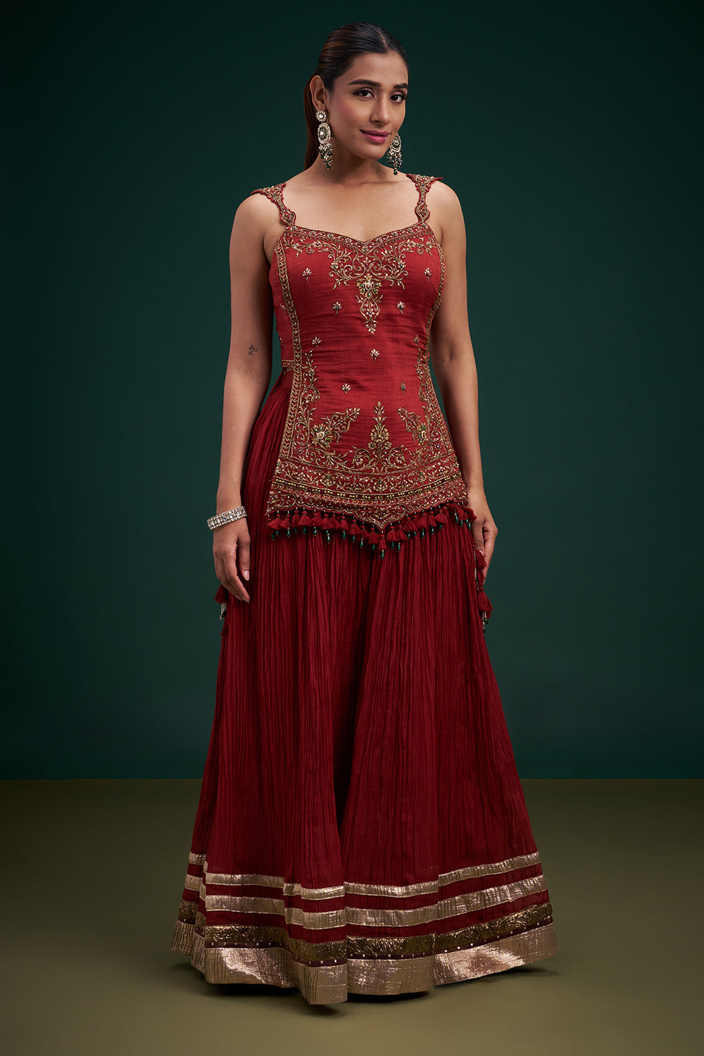 Rust Red Muslin Cotton Indo-Western Suit with Zardozi Work