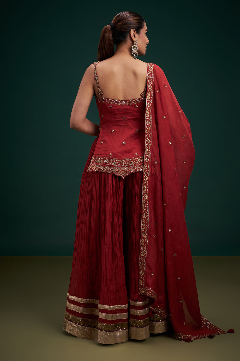 Rust Red Muslin Cotton Indo-Western Suit with Zardozi Work