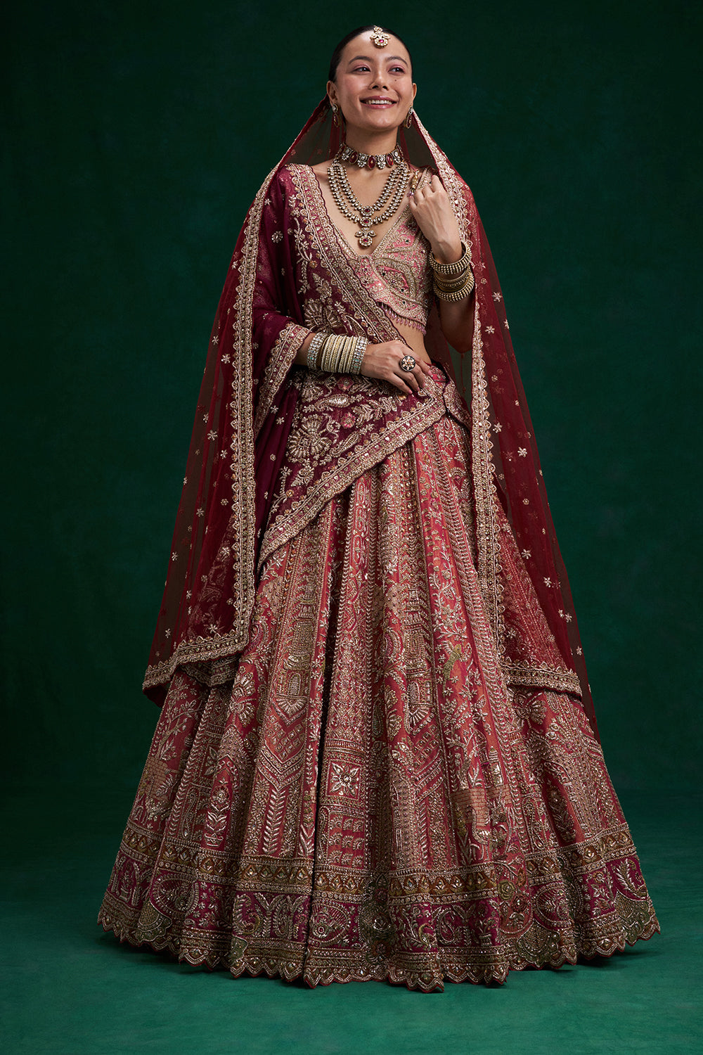 Rust Red Shimmer Tissue Bridal Lehenga with Zardozi and Resham Work